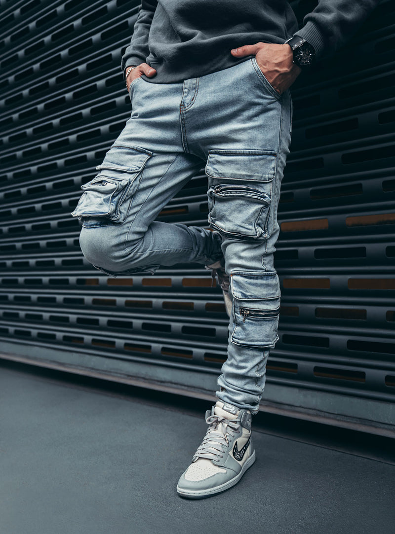 Men Cargo Denim Pants Skinny Jeans Casual Slim Fit Trousers | Fruugo KR